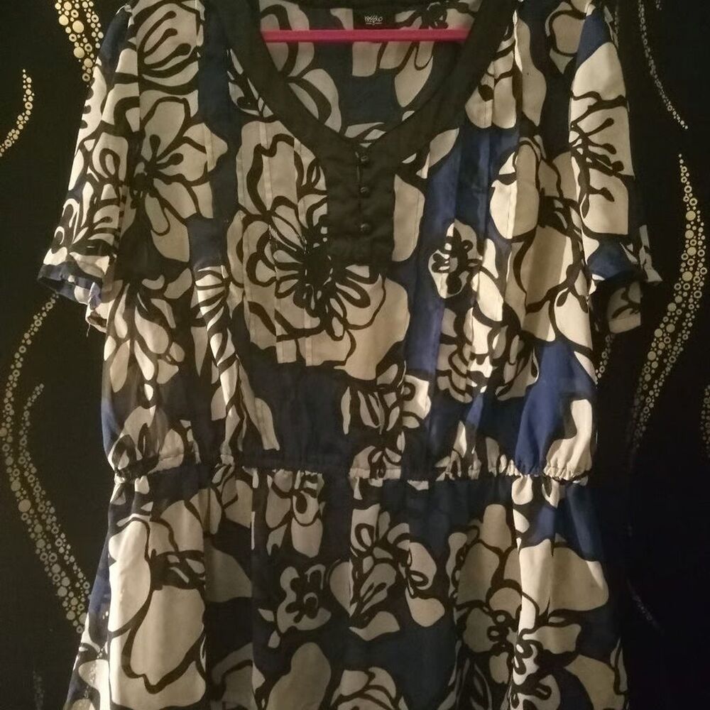 Women's Blue & White Flower Print Waist Draw String Blouse size LG